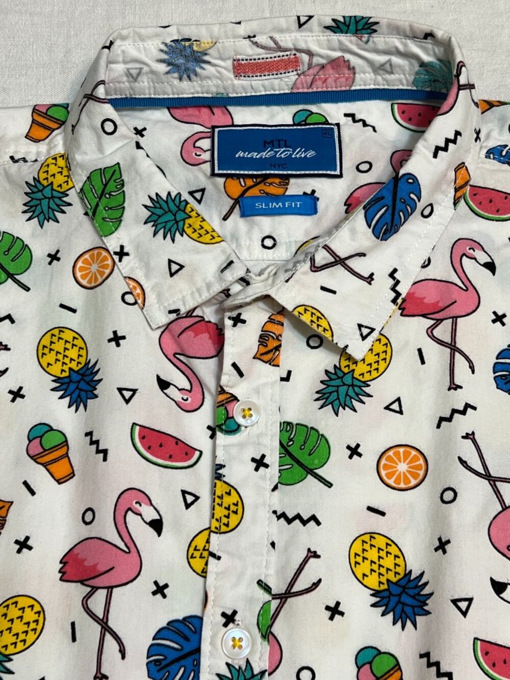 MTL Made To Live Shirt Mens XL Flamingo Tropical Button Up Short Sleeve Slim Fit
